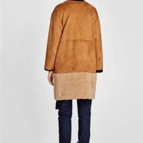 Zara Jacket Womens Small Suede & Fur Brown Golden Snap Buttons Classy Preppy - Picture 5 of 10